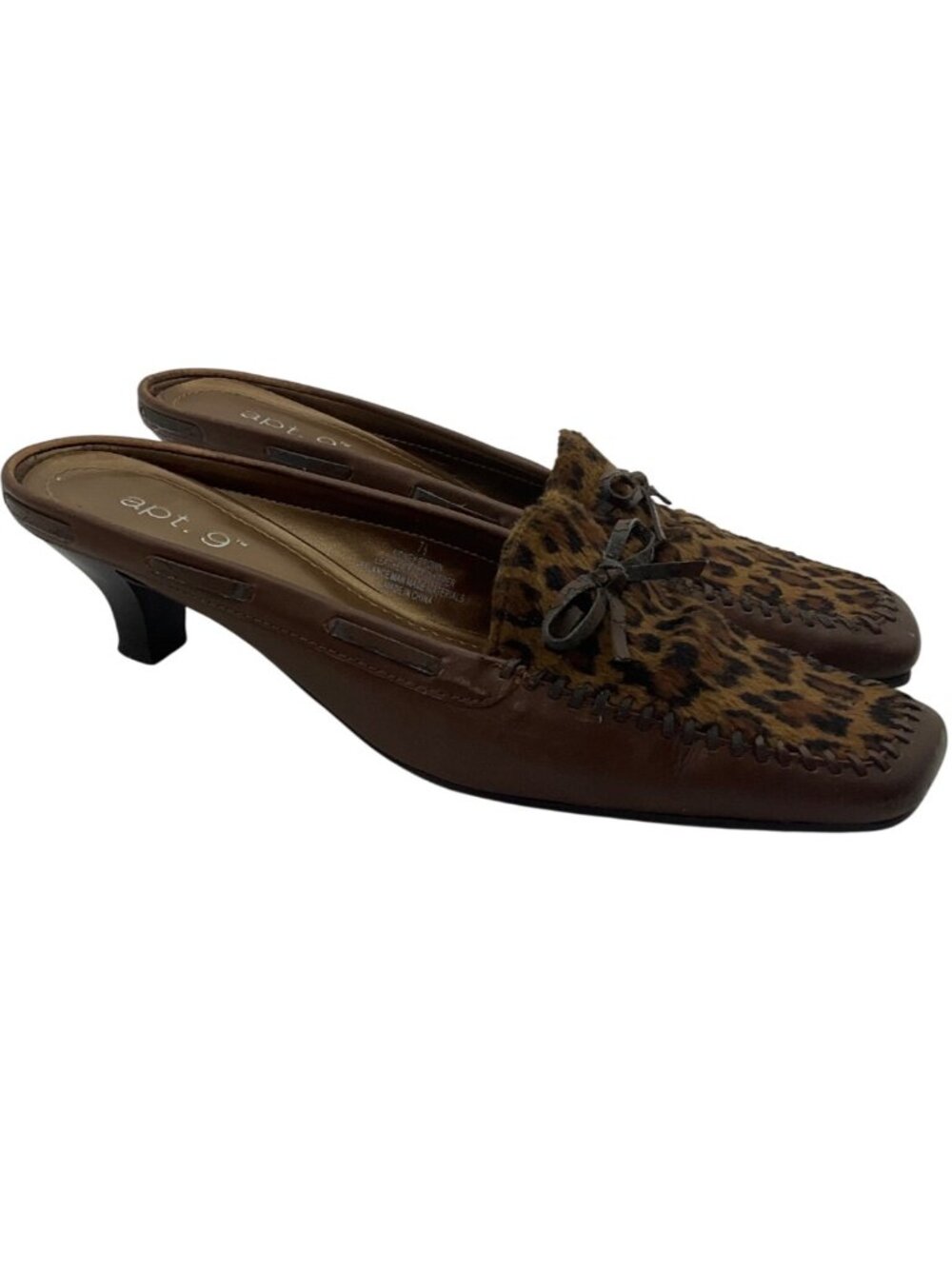 Apt.9 VTG Y2K 7.5 Leather Mules Kitten Heels Shoes Leopard Animal Print Square*R